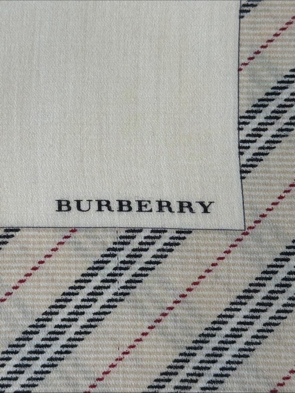 Burberry Cream Center Striped Beige & Black Border cotton Pocket Square - Picture 2 of 4